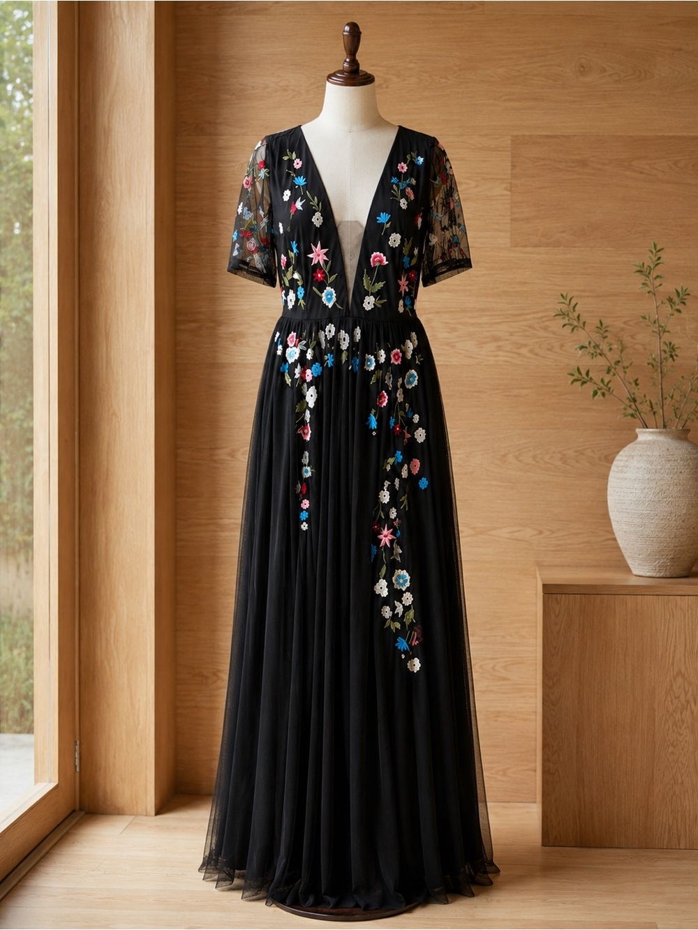 Wayward Fancies Eshakti Embroidered Floral Black Evening Dress